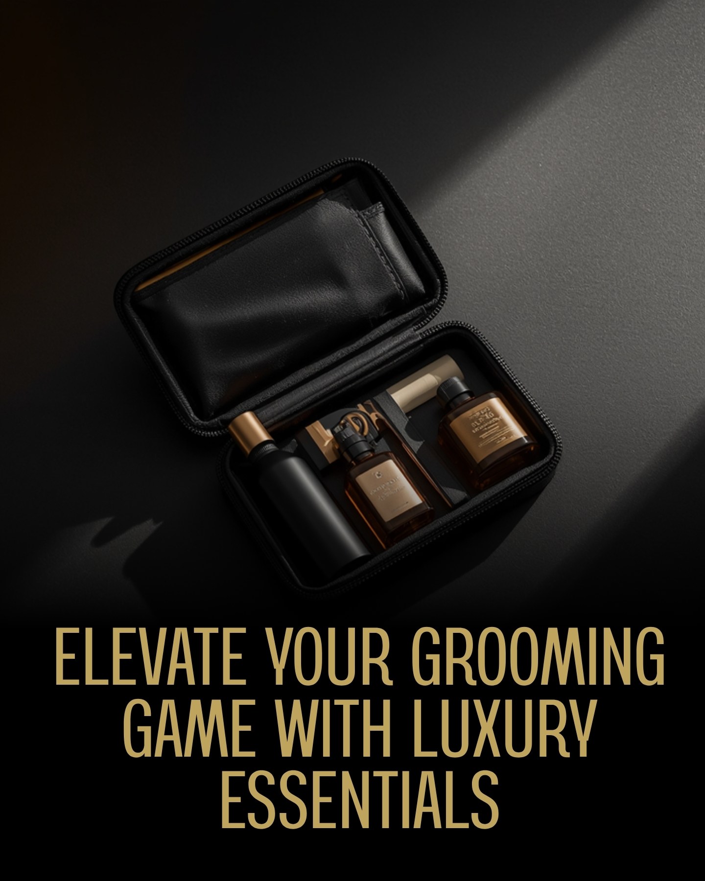 SHARPSET grooming kit — open case showing hair fibers, sweat pads, lint roller, atomizer, blotting papers and tongue scraper